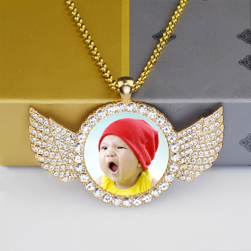 Angel Wings Medallions Custom Photo Pendant Necklace For Men Hip Hop Jewelry Iced Out Pendant Custom Engraved Name Memory Gift