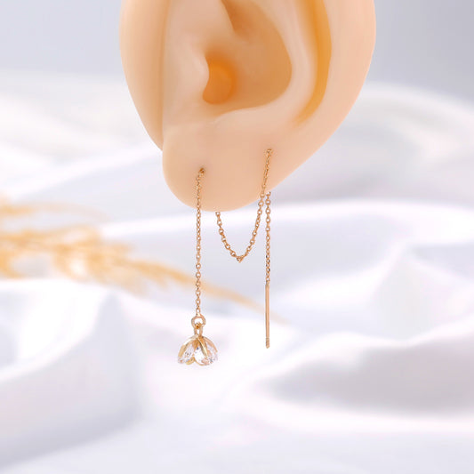 Golden Flower Zircon Long Tassel Threader Earrings