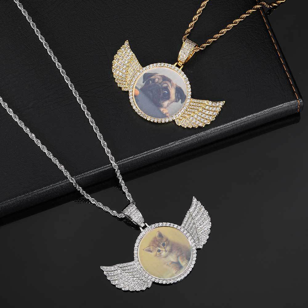 Angel Wings Medallions Custom Photo Pendant Necklace For Men Hip Hop Jewelry Iced Out Pendant Custom Engraved Name Memory Gift