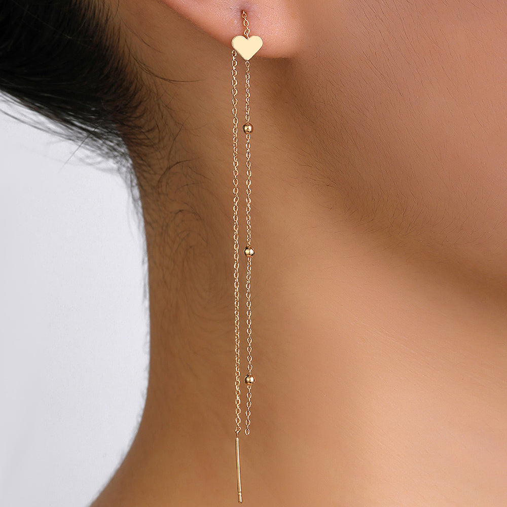 Gold Bronze Heart Tassel Threader Earrings