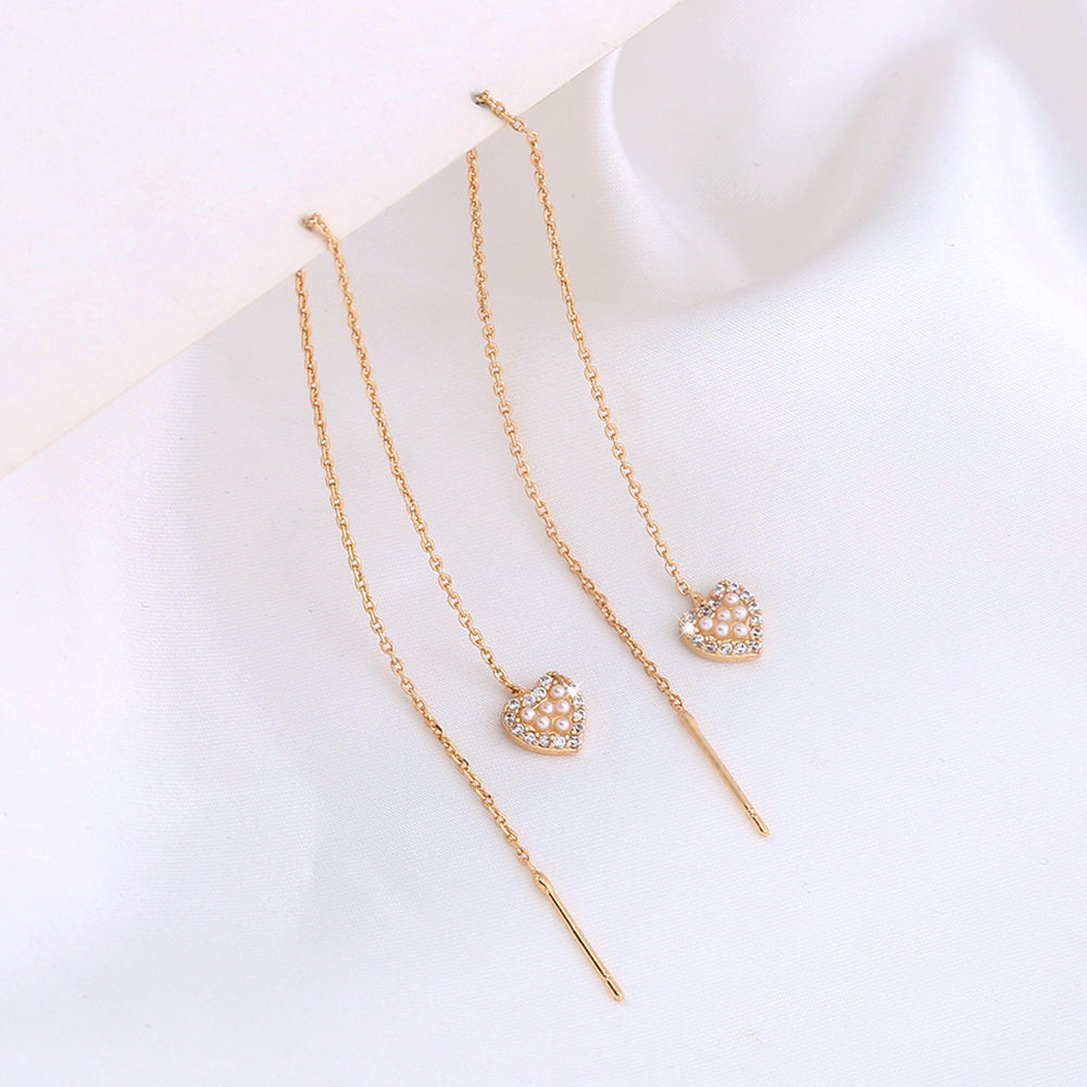 Gold Heart Cutout And Diamond Tassel Threader Earrings