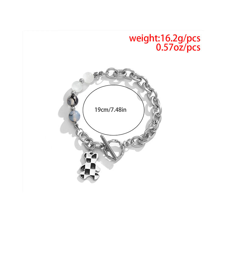 Personalized black and white chessboard small bear simple bracelet