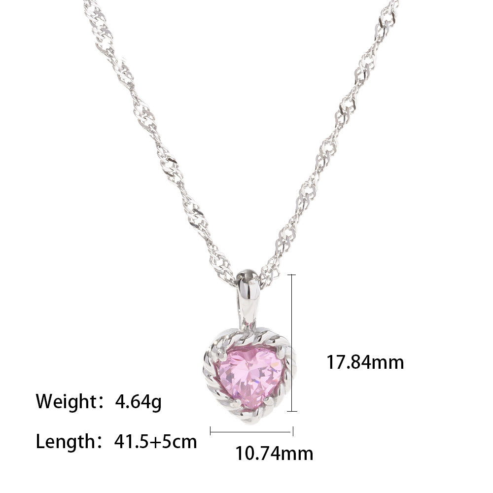 Inlaid white gold/pink/green zircon heart shaped pendant necklace