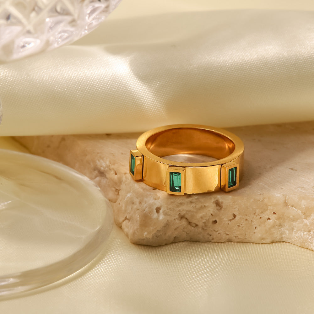 18K Gold Plated Green Baguette Zircon Ring