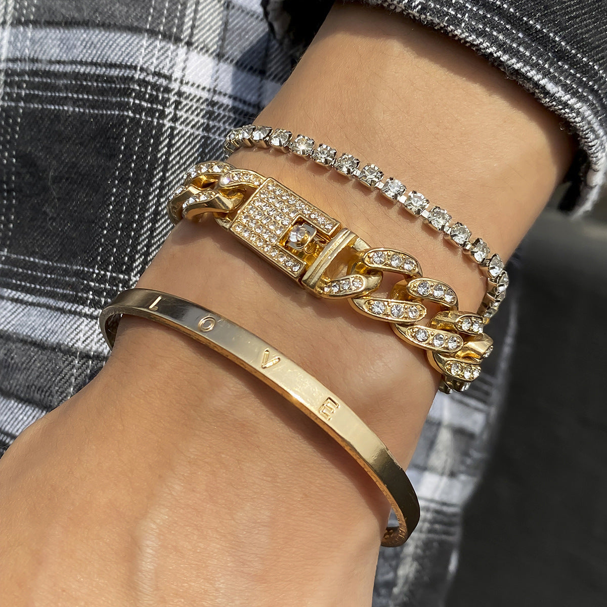 Fashion punk Multi -layer diamond inlaid Cuba chain bracelet