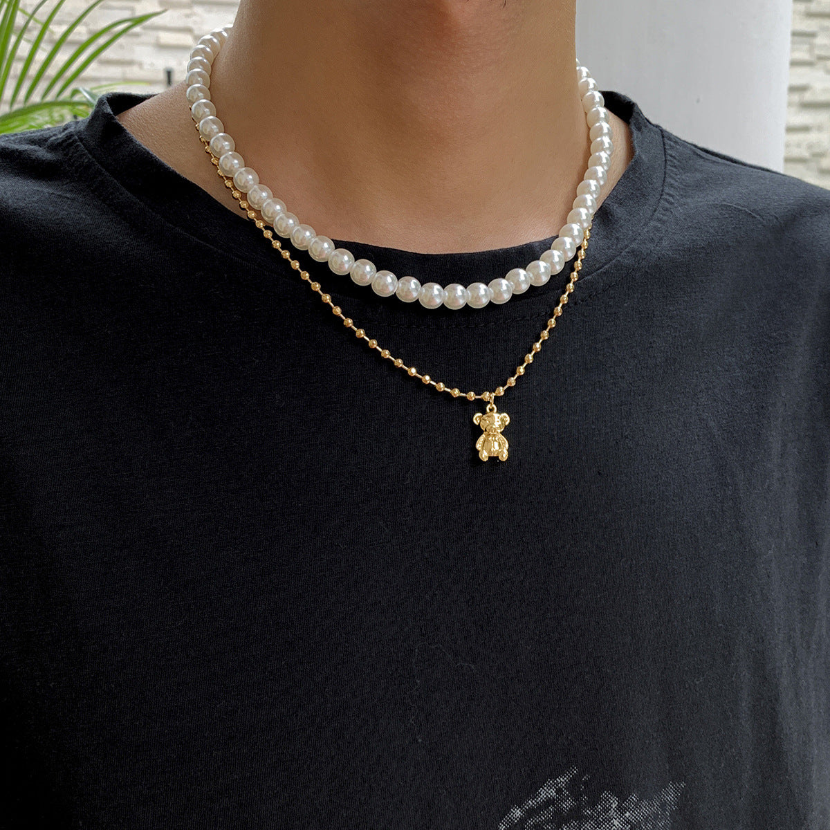 Men Simple hip-hop style pearl with bear all-match necklace – Elle ...