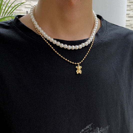 Men Simple hip-hop style pearl with bear all-match necklace
