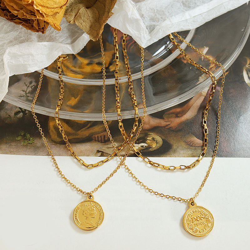 18K Gold Light Luxury Exquisite Coin Double Layer Design Necklace