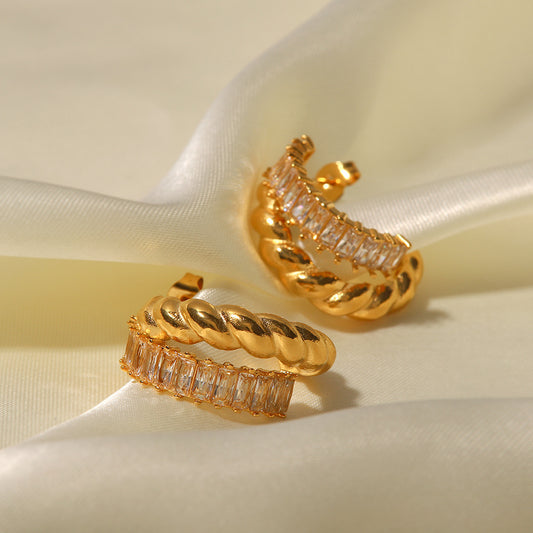 18K Gold C-Shaped White Zircon Earrings