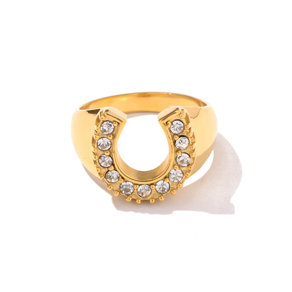 18K Gold Exquisite Fashion Inlaid Zircon Horseshoe Design Versatile Ring