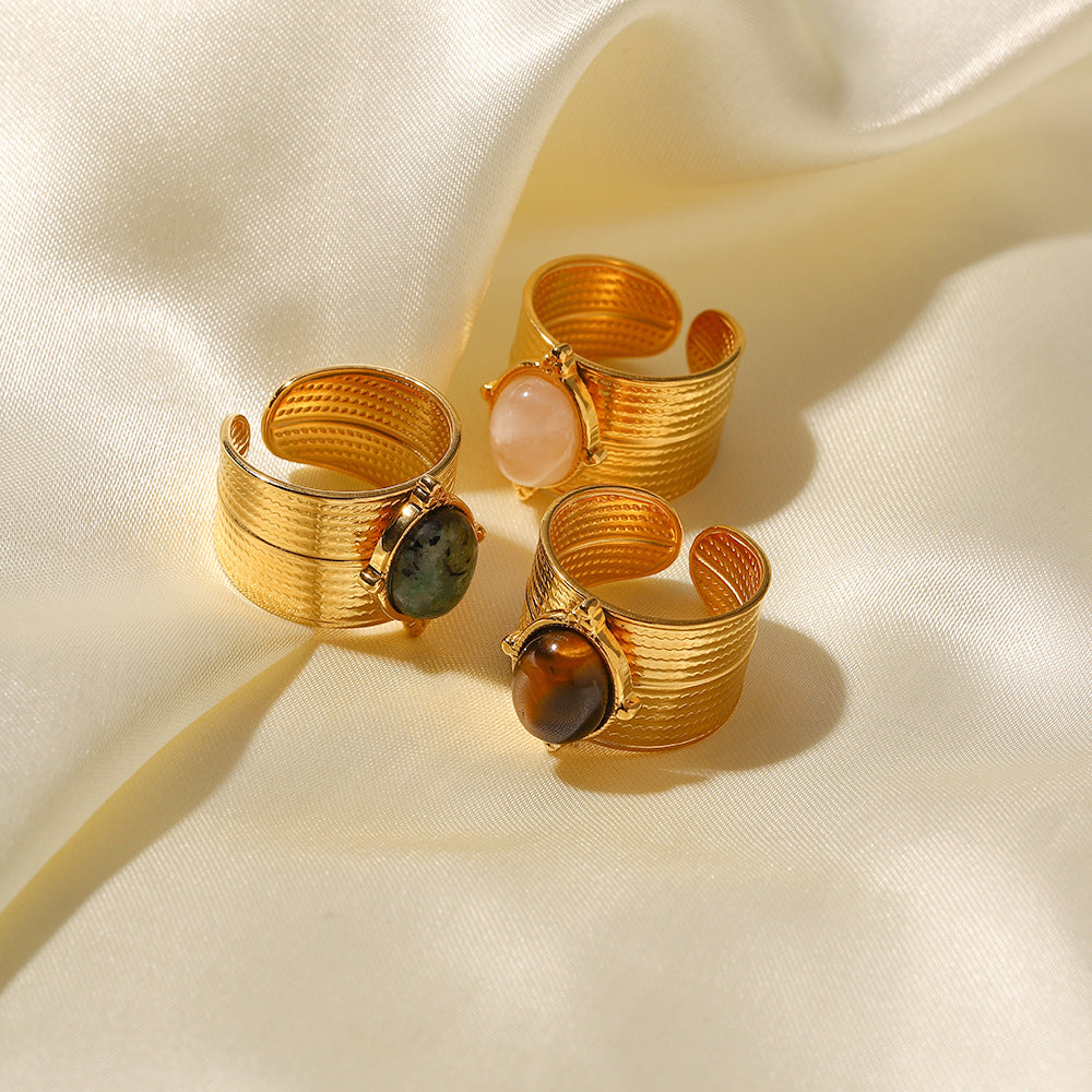 18K Gold Plated Inlaid Natural Tiger Eye Adjustable Wide Ring