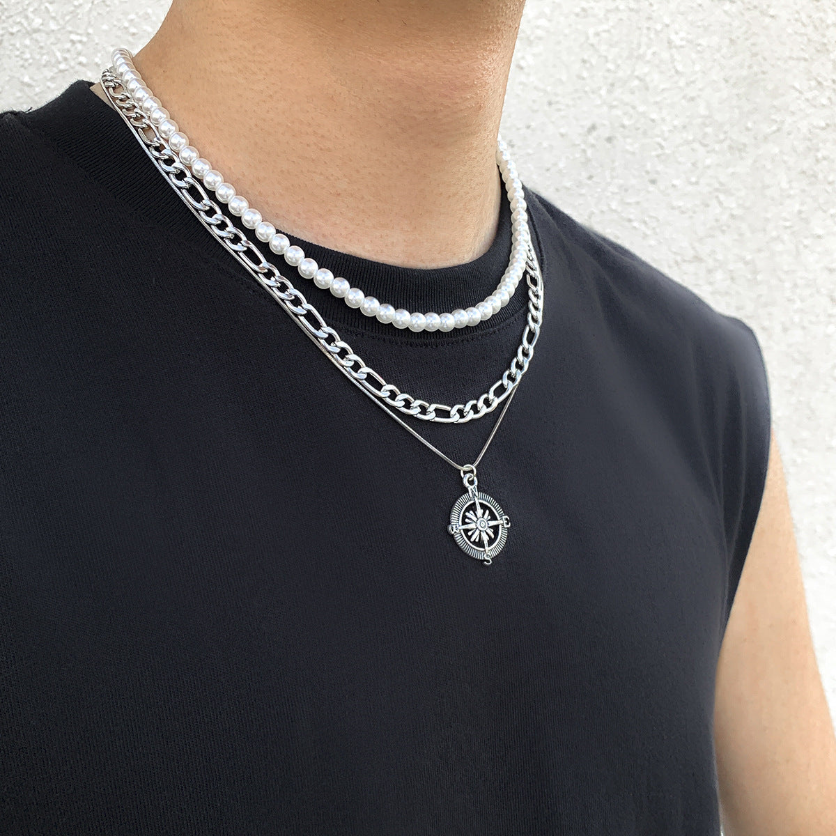 Men Fashion Multi-layered Pearl Vintage Compass Pendant Necklace