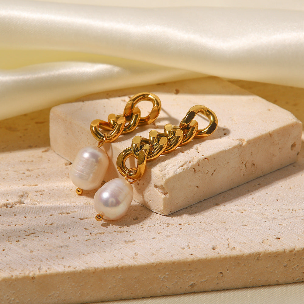 18K Gold Plated Pearl Asymmetric Chain Earrings