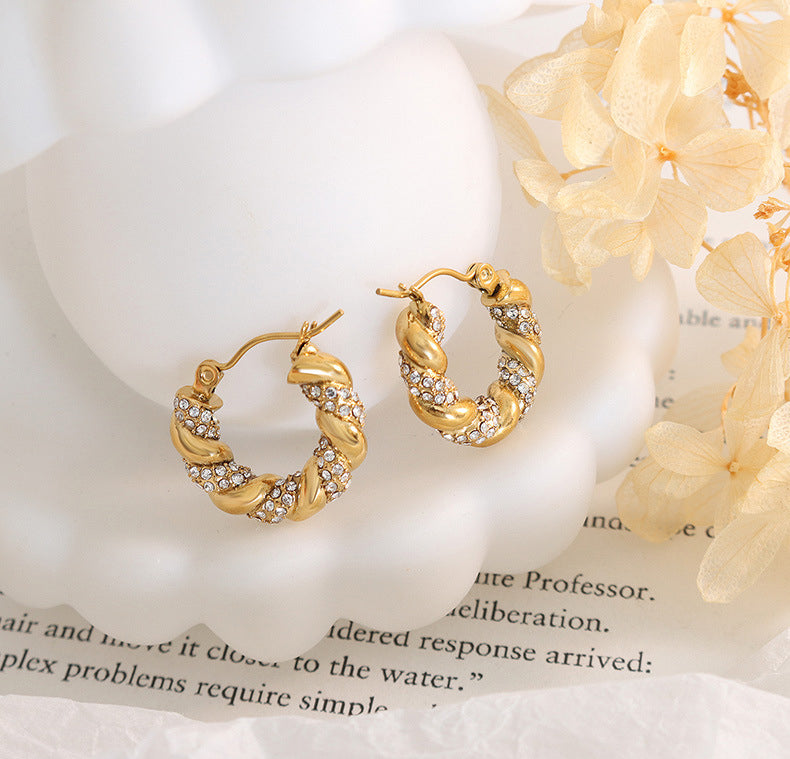 Fashion and simple U-shaped inlaid zircon twist design light luxury earrings