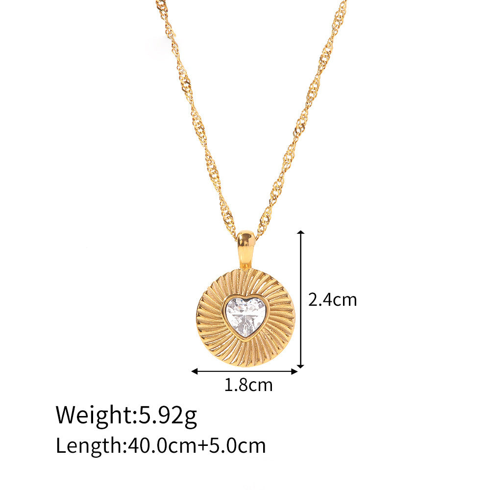 18K Gold Plated Heart Shaped White Green Zircon Coin Wind Pendant Necklace