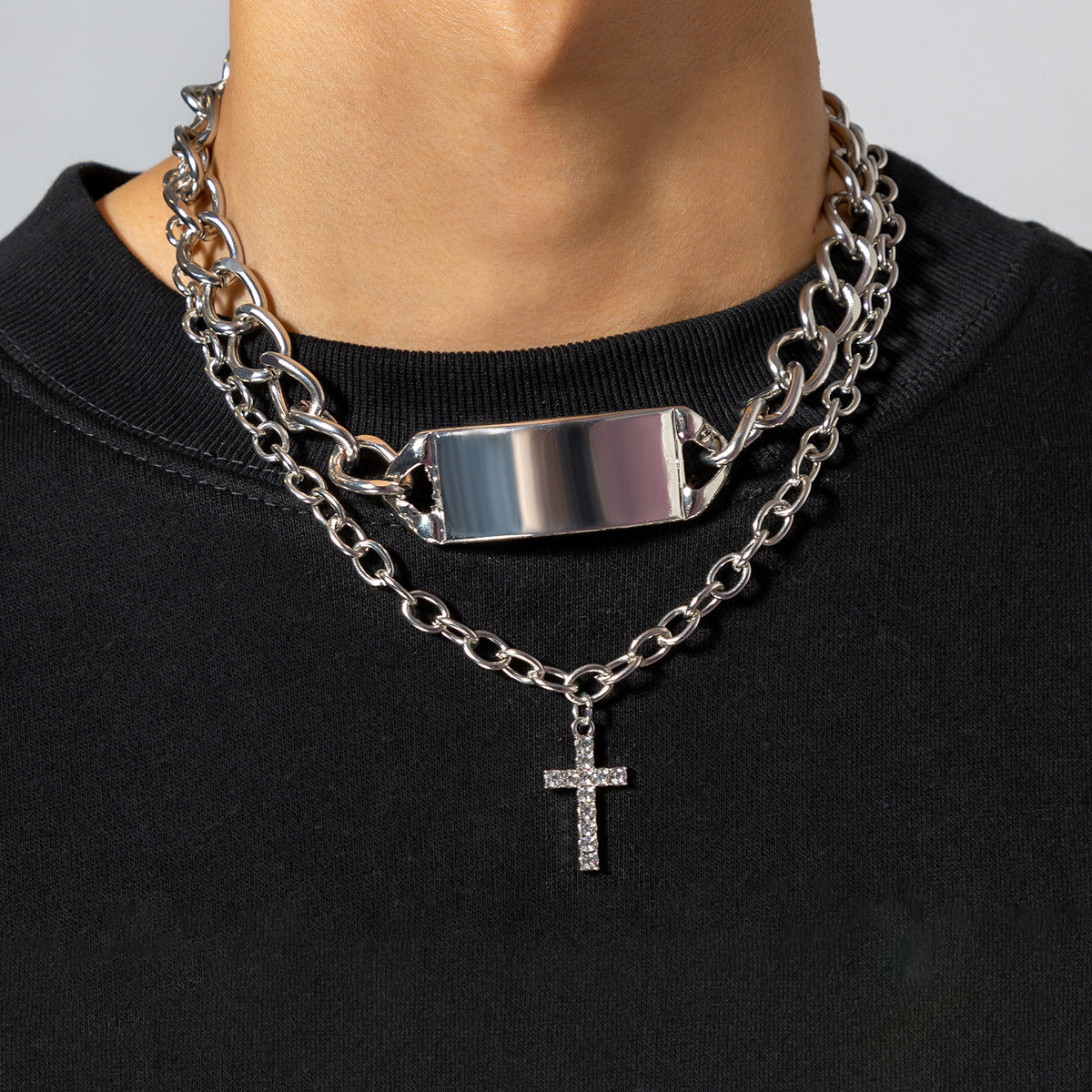 Men Fashionable hip-hop style diamond-encrusted cross double-layer stacking design versatile pendant necklace
