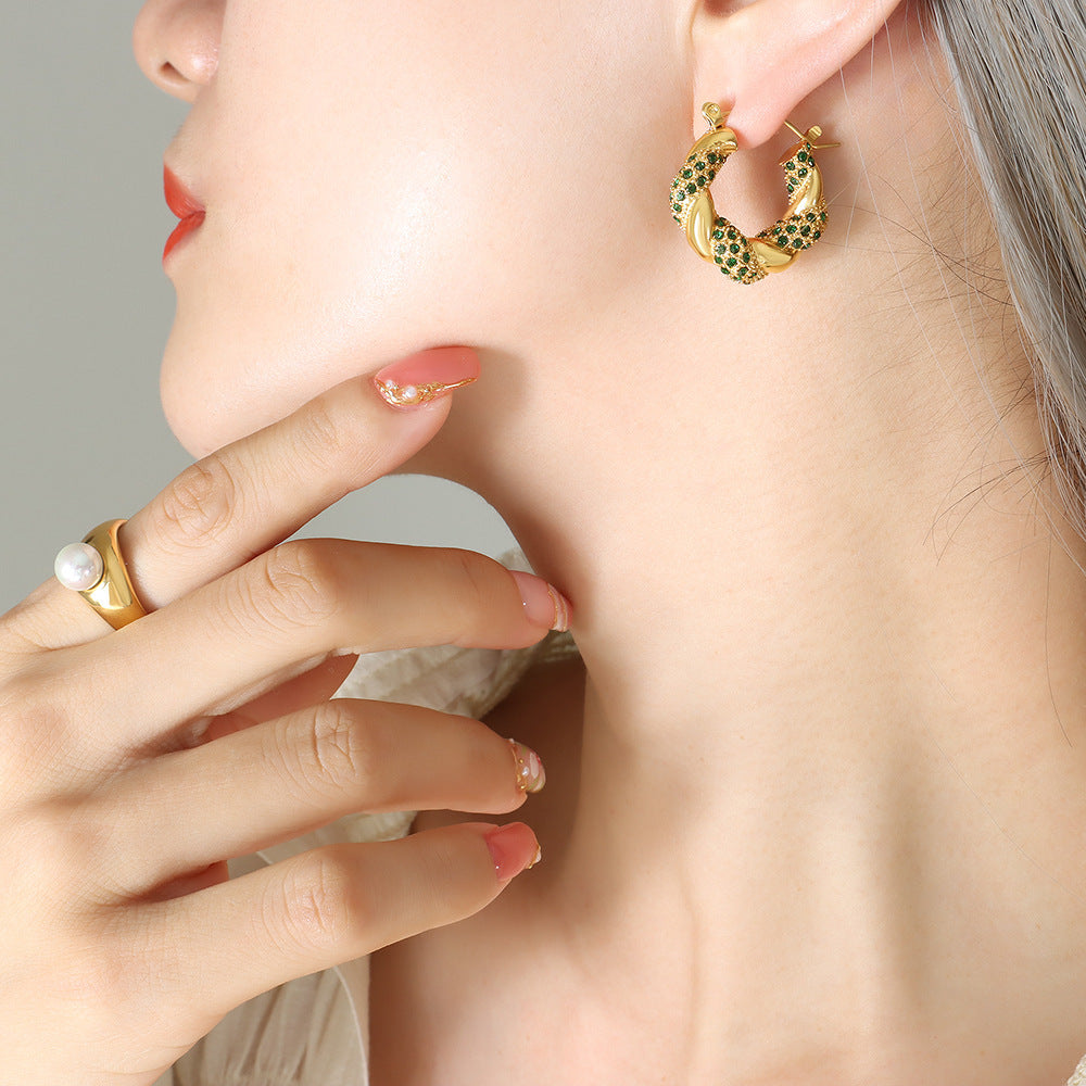 Fashion and simple U-shaped inlaid zircon twist design light luxury earrings