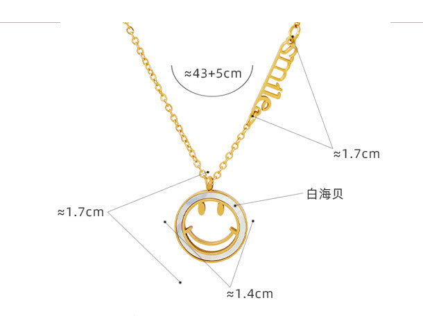 18K Gold Fashionable White Seashell Smiley Face Design with English Alphabet Pendant Necklace