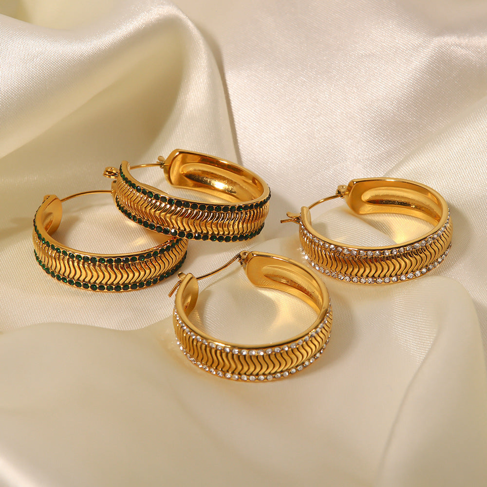 18K Gold Fashionable Double C-Shape Ripple Inlaid White Zircon Light Luxury Earrings