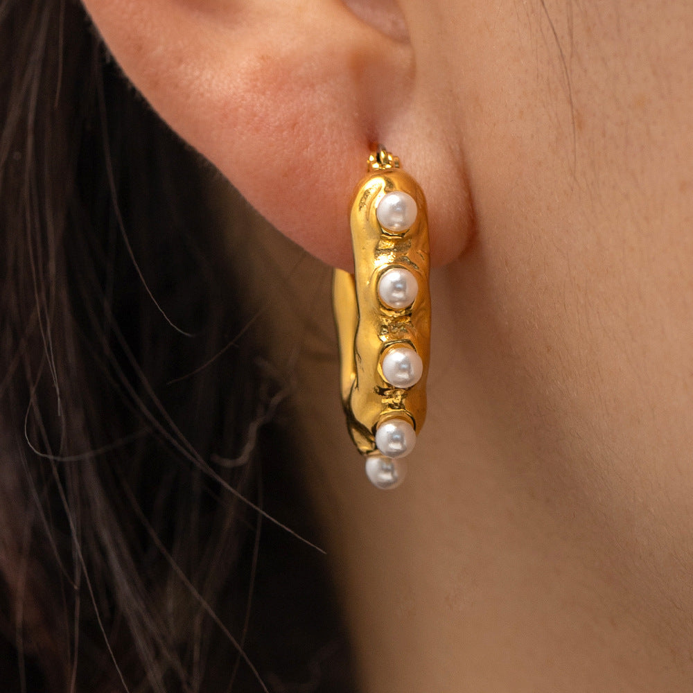 18k gold fashion simple irregular wave texture with geometric pearl design versatile earrings