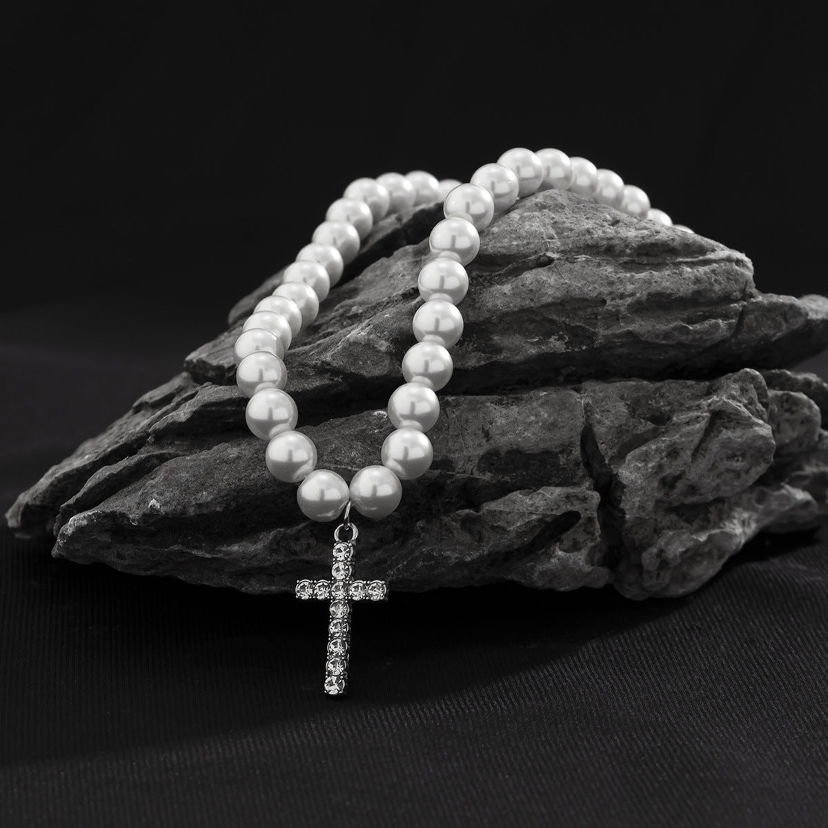 Men Vintage Hip Hop Diamond Pearl Cross Pendant Necklace