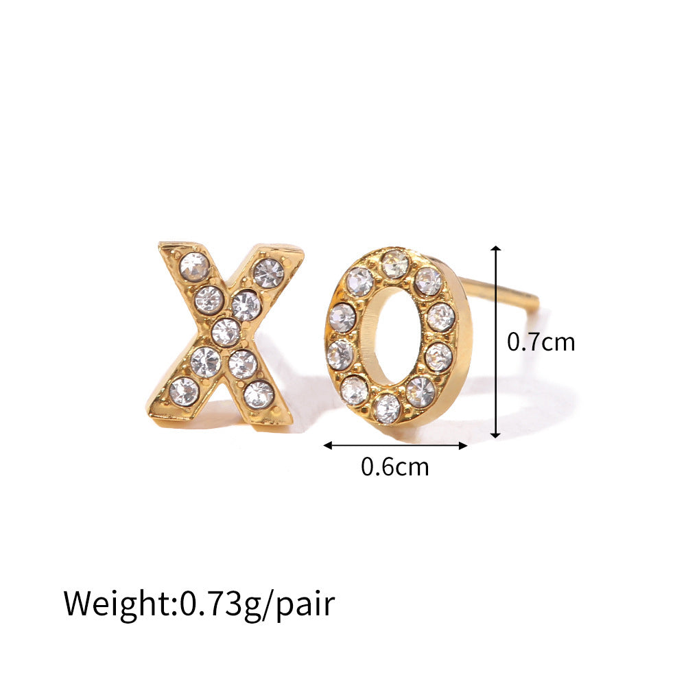 18K Gold Inlaid Small Round Diamond Zircon XO Letter Earrings