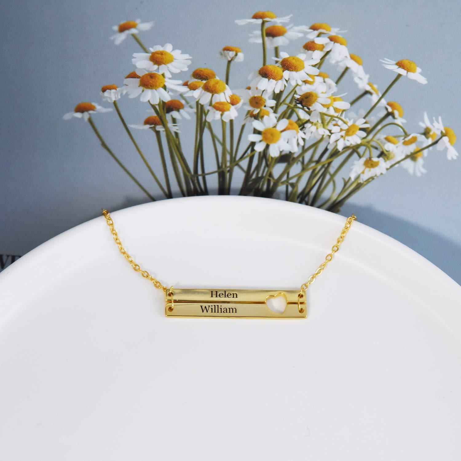 N16.Custom Double Layer Bar Heart Name Necklace - Elle Royal Jewelry