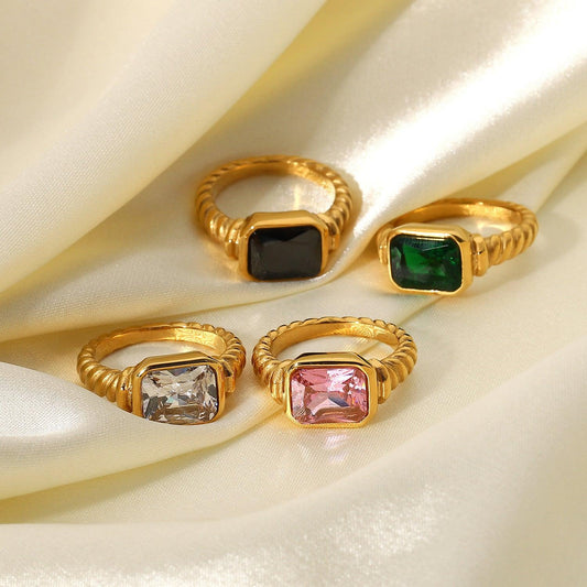 R23.Rectangular Emerald Pink White Black Zircon Ring - Elle Royal Jewelry