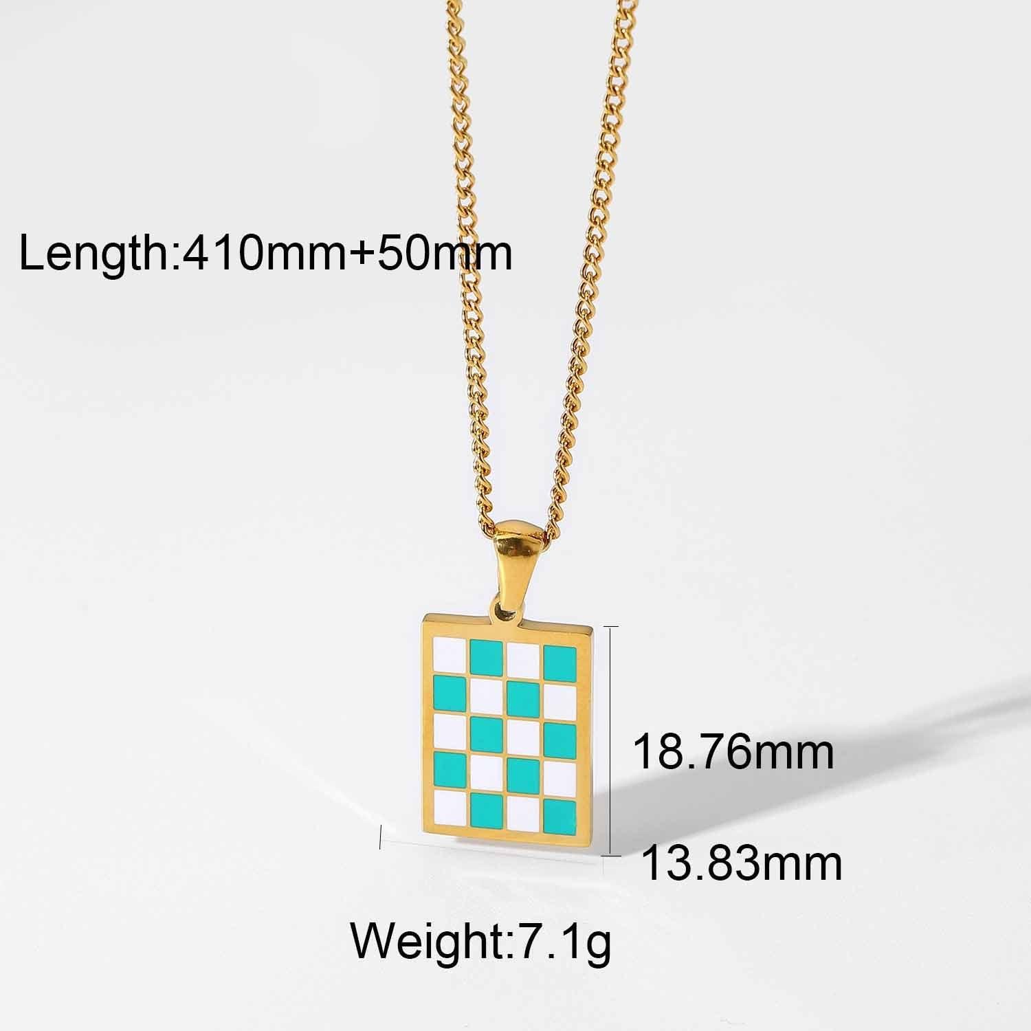 N29.18K Chess Checker Black White Green White Titanium Steel Necklace - Elle Royal Jewelry