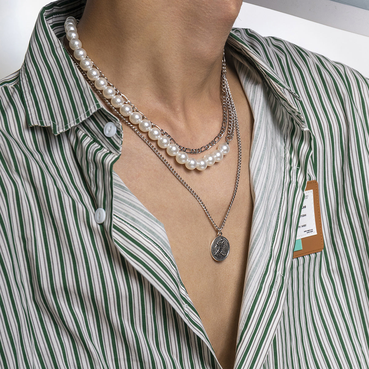 Men Vintage multi-layer stitching pearl stacking creative love tag necklace