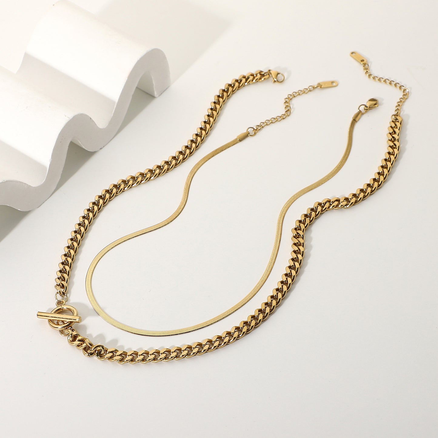 N38.Miami Double Necklace Set of Two Snake Chain Choker Gold Plated Necklace