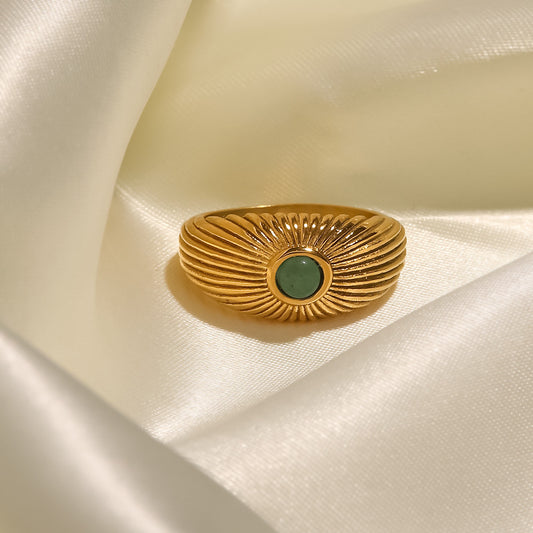 18K Gold Plated Inlaid Natural Green Stone Sun Shaped Punk Ring