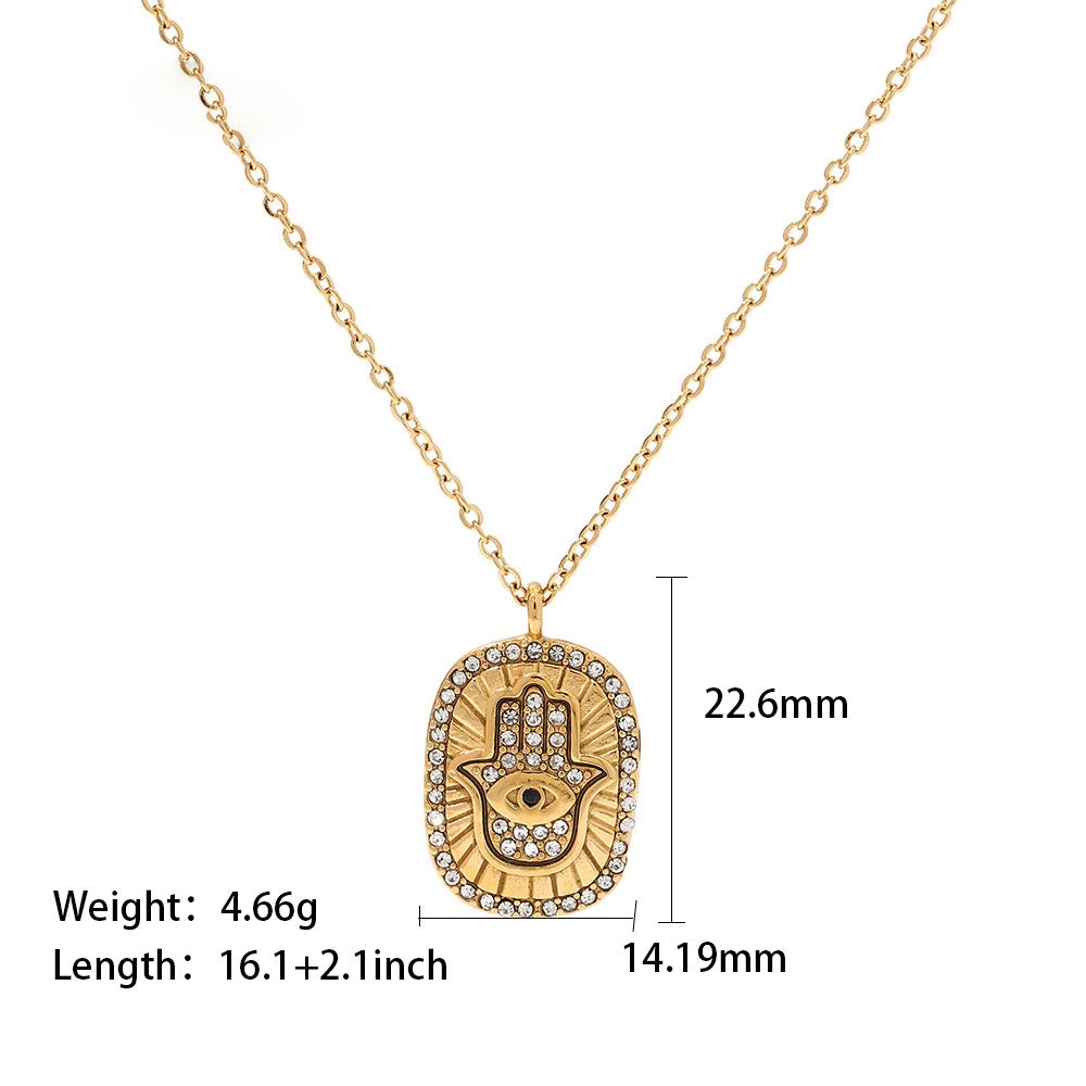 18K Gold Plated Geometric Transparent Zircon Palm Oval Eye Pendant Necklace