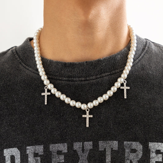 Men Fashion personality cross diamond design with pearl hip-hop necklace