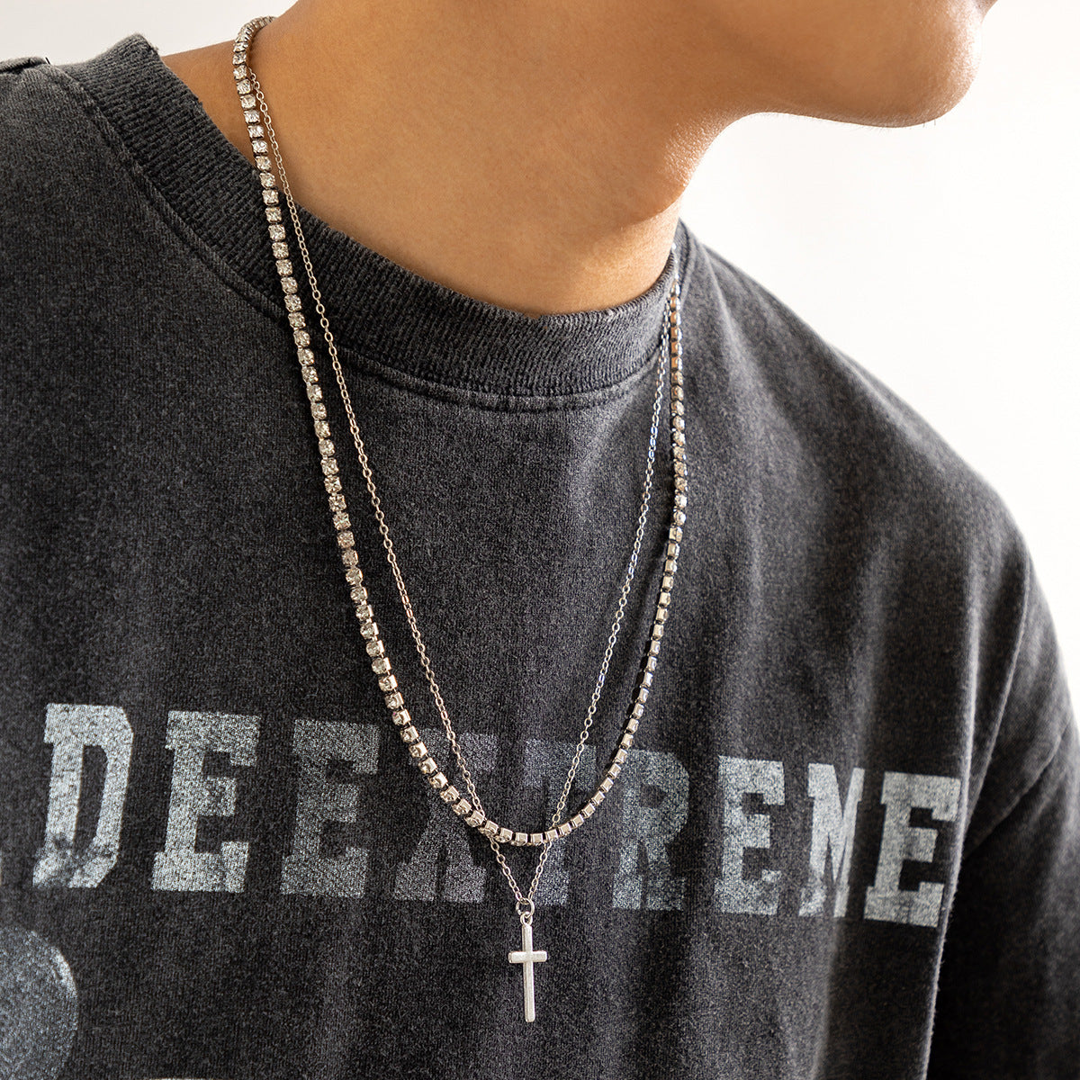 Men Retro Simple Cross Double Layered Claw Chain Design Hip Hop Necklace