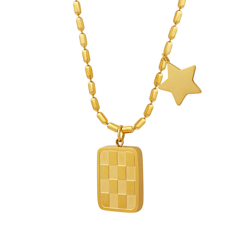 18K Gold Fashionable Simple Square Star Double Plate Design Pendant Necklace
