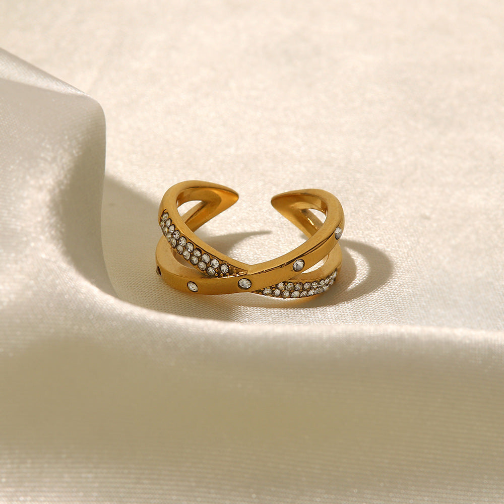 18K Gold Plated White Diamond Cross Open Ring
