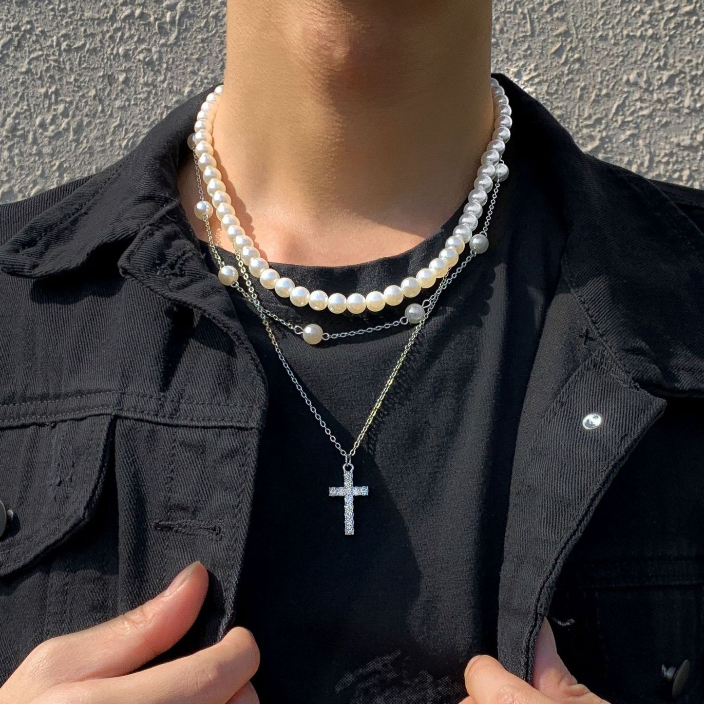 Men Fashionable and simple multi-layered cross with pearl hip-hop pendant necklace