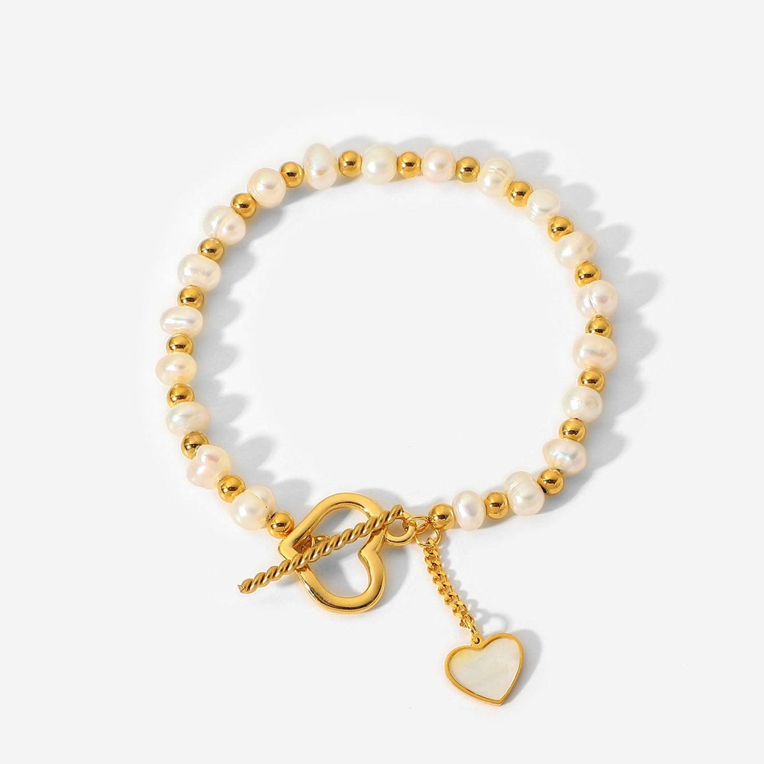 B10.18K Gold Pearl Heart OT Buckle Bracelet - Elle Royal Jewelry