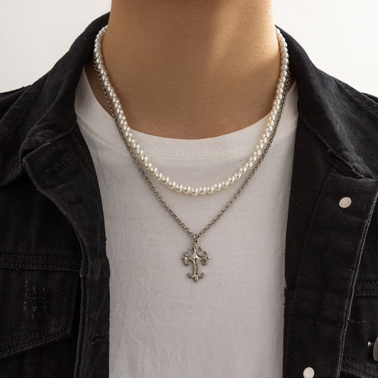 Men Simple fashion double layer pearl with cross design versatile pendant necklace