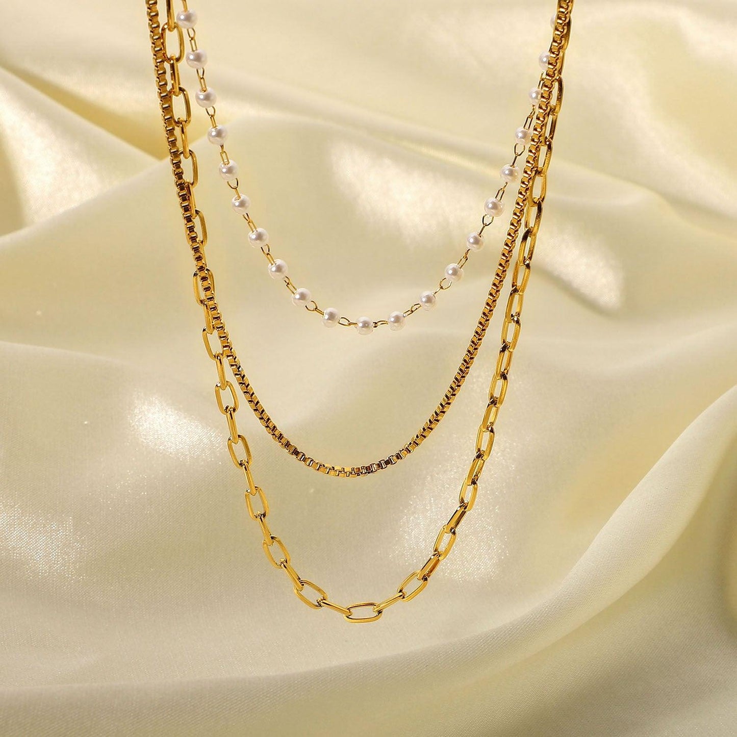N33.Small Pearl 18K Gold Chain Three Layer Necklace Women - Elle Royal Jewelry