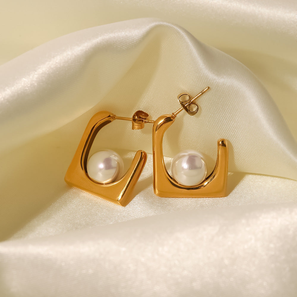 18K Gold Plated Inlaid White Pearl Square Spoon Design Punk Earrings