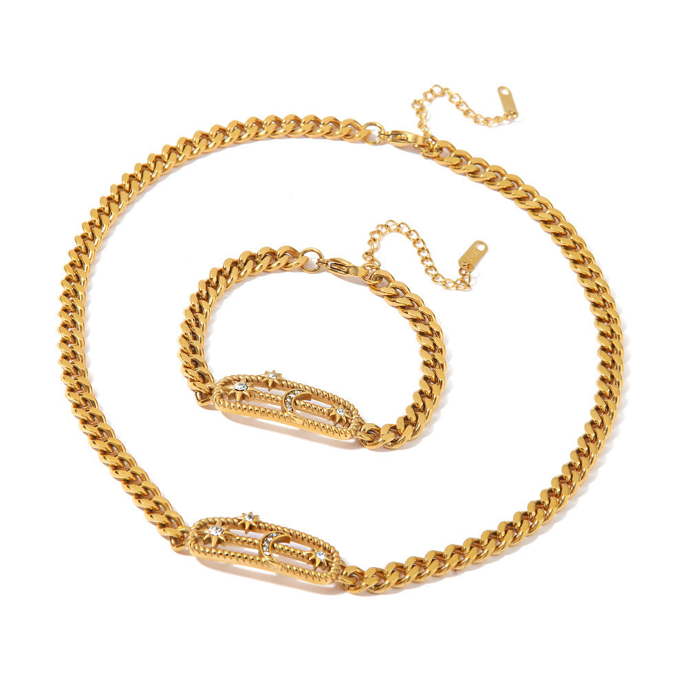 18K Gold Simple Retro Diamond Heart/Star Design Punk Bracelet Necklace Set
