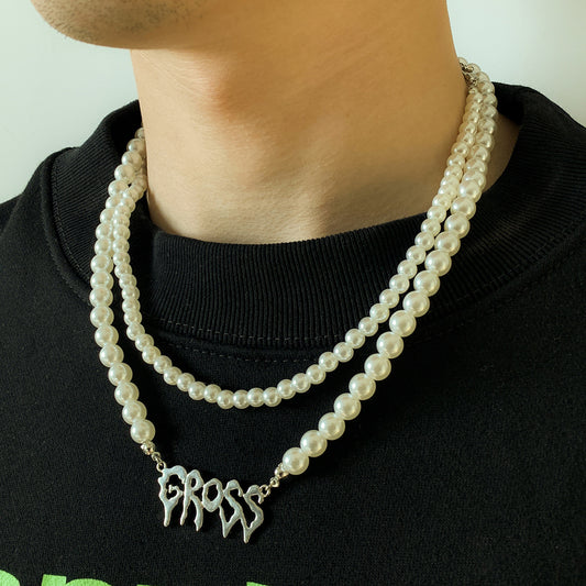 Men Fashion Simple Pearl Double Layer Design Necklace