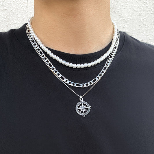 Men Fashion Multi-layered Pearl Vintage Compass Pendant Necklace