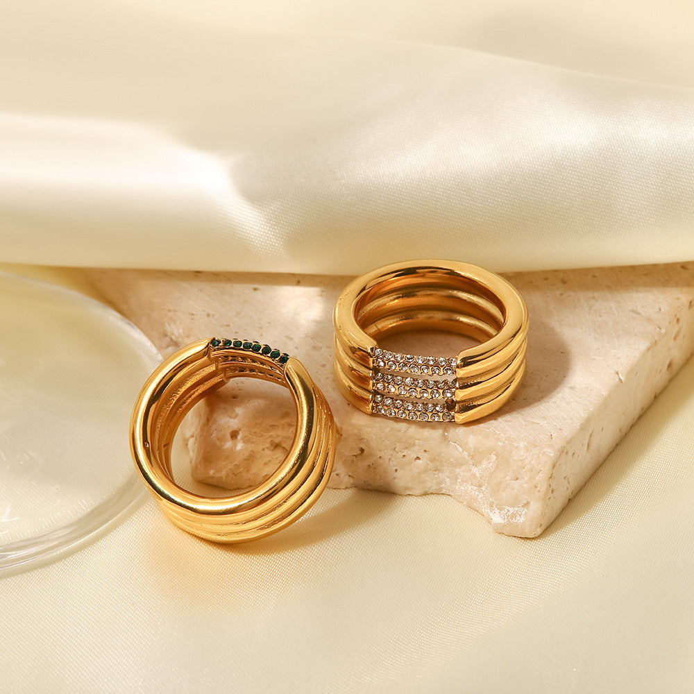 18K Gold Plated Inlaid White/Green Diamond Three-Layer Versatile Ring