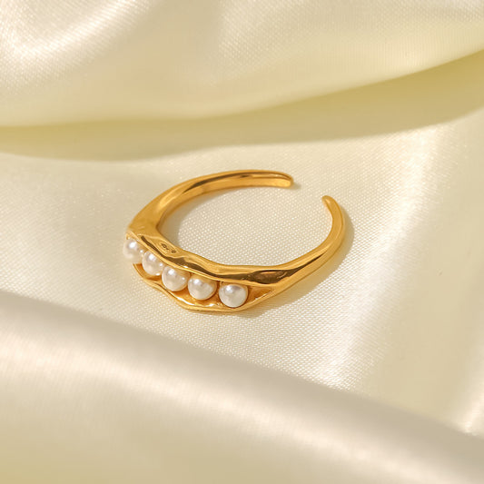 18K Gold Plated Inlaid White Pearl Pea Pod Design Adjustable Ring