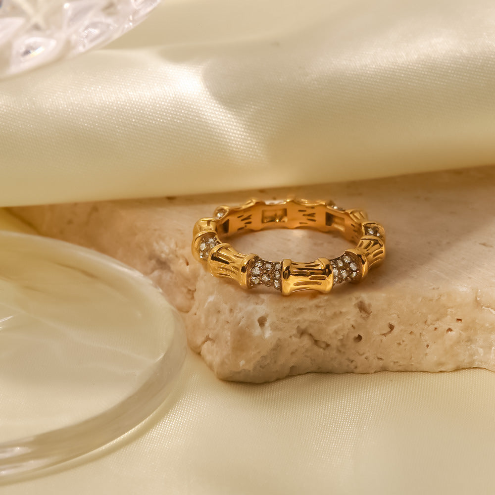 18K Gold Plated White Diamond Bamboo Ring