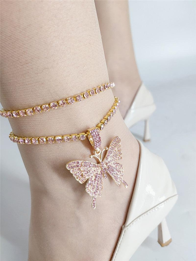A1.Diamond Butterfly Pendant Double Anklet - Elle Royal Jewelry