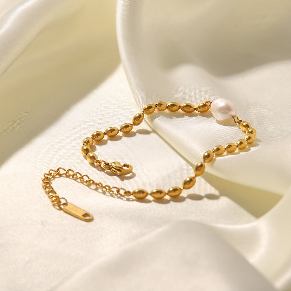 18K Gold Plated Inlaid Natural Freshwater Pearl Oval Gold Beanie Bracelet